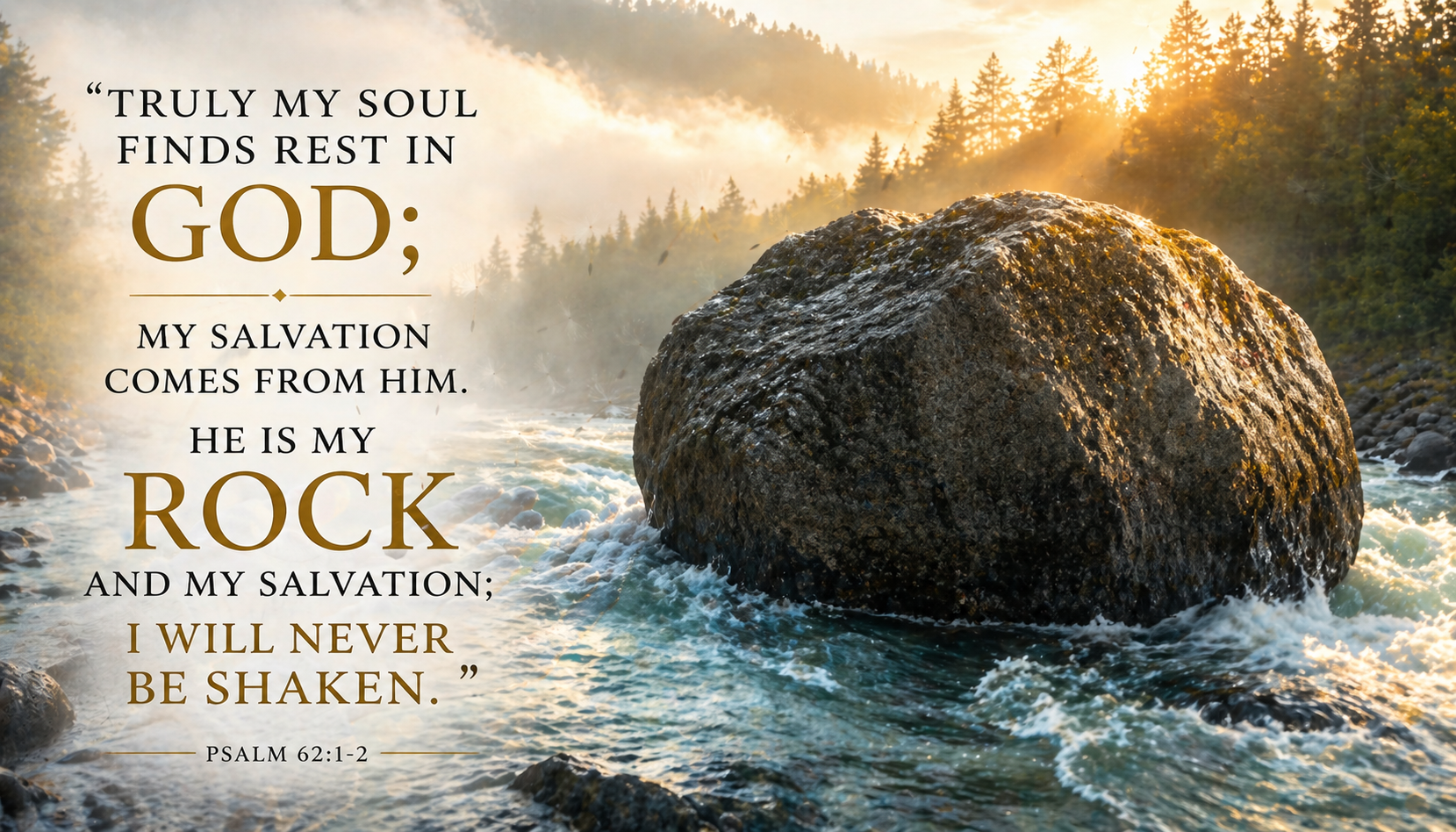 Bible verse wallpaper Psalm 62:1-2 with massive boulder sitting immovable in rushing river in misty morning light